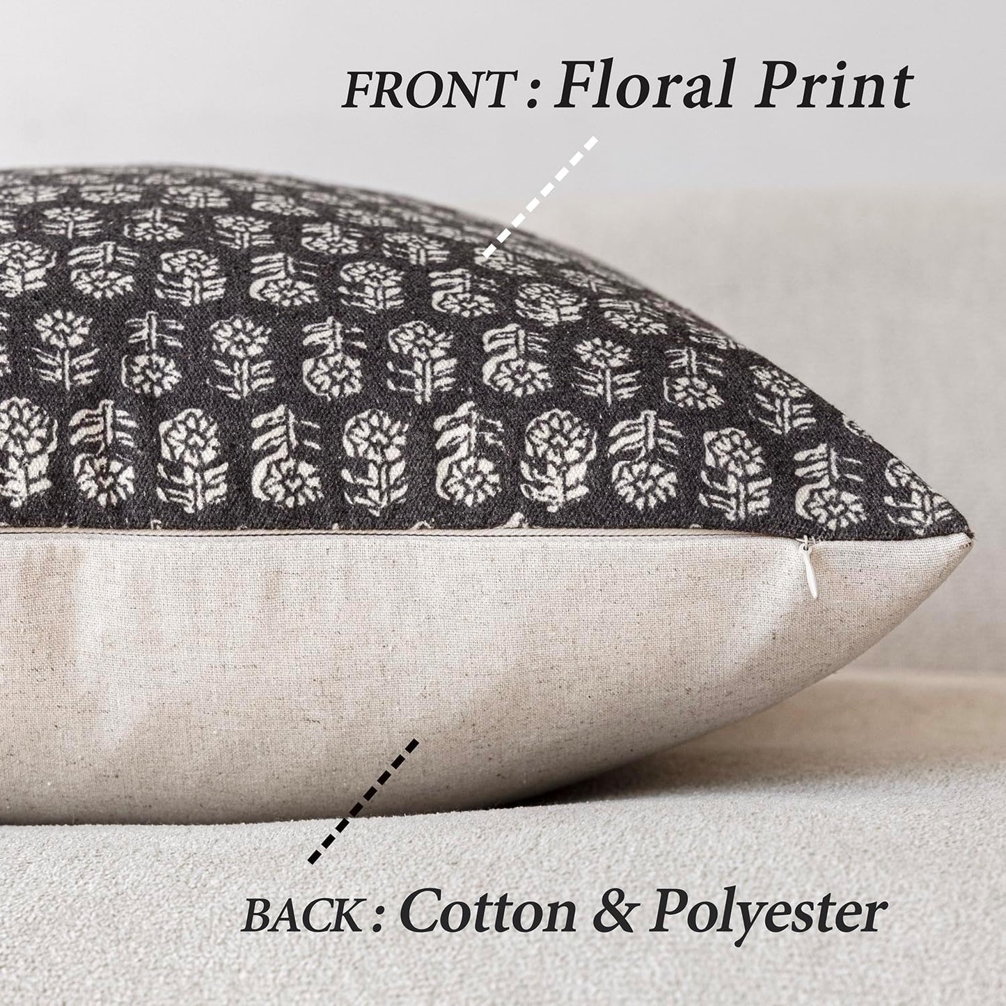 Foindtower Set of 2 Decorative Neutral Floral Print Throw Pillow Covers Vintage Accent Farmhouse Cushion Covers Boho Home Decor for Sofa Couch Chair Bedroom Living Room Outdoor,24×24 Inch,Black