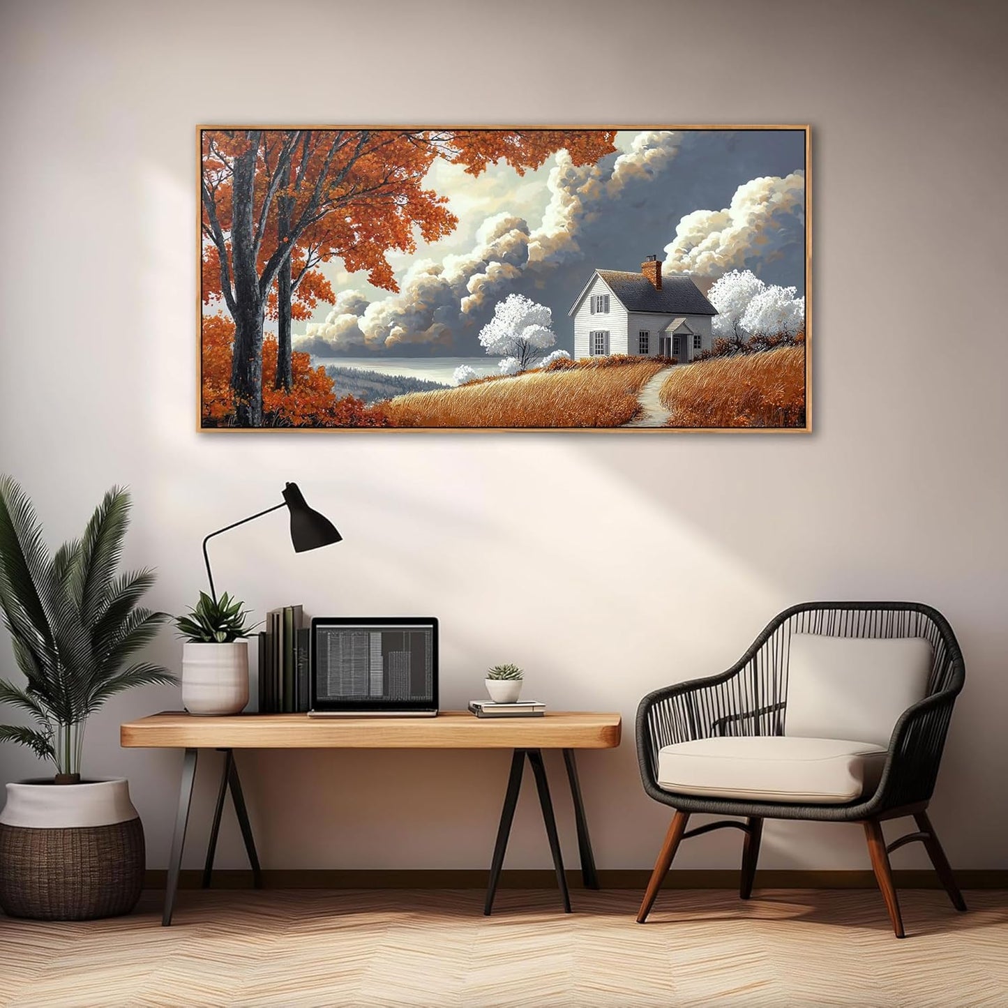 QZQCBLC Orange Landscape Wall Art, Large Abstract White Clouds Houses Scenery Gallery Pictures Farmhouse Canvas Painting Framed Artwork for Living room Bedroom kitchen Home Office Decor 24x48 IN