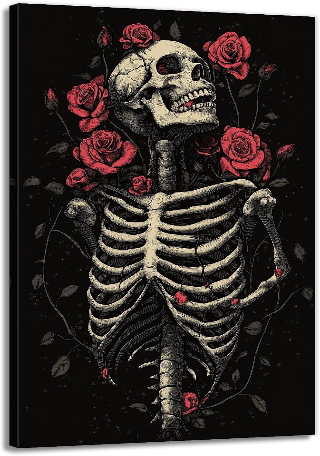 OAAPITI Gothic Skull Wall Art Skeleton and Roses Canvas Pictures Print Vibrant Dark Art Decor for Bedroom Living Room Bathroom(Artwork-6,12"x18")