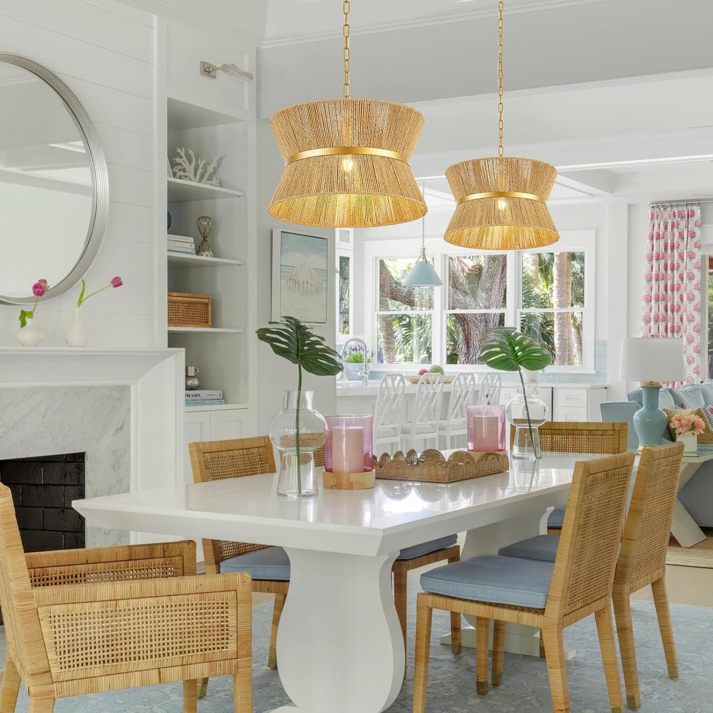 18” Hand Woven Rattan Boho Chandelier Brass Ajustable Pendant Light for Kitchen Island Living Room Bedroom Hallway, UL Listed