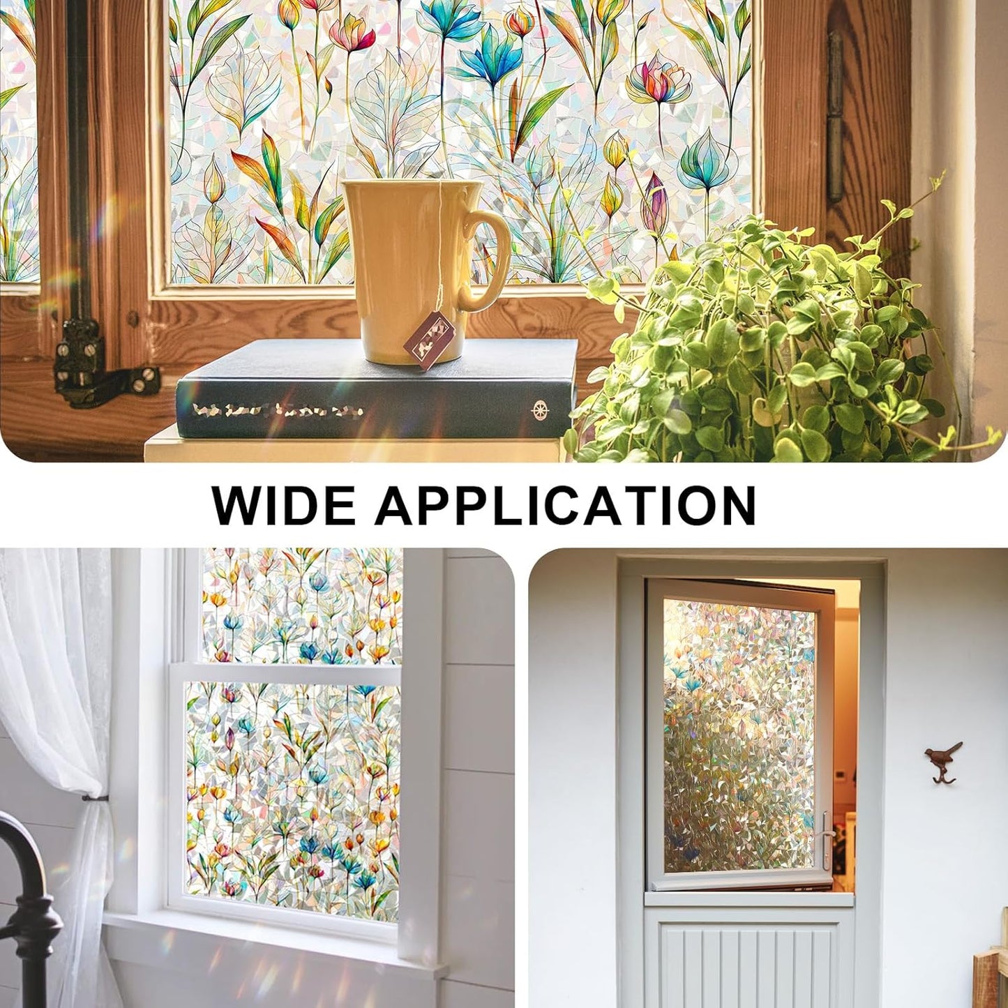 Rainbow Window Privacy Film 3D Floral Decorative Stained Glass Window Film Anti UV Non-Adhesive Reusable 23.6" x 78.7" for Home Room Car Glass Cling