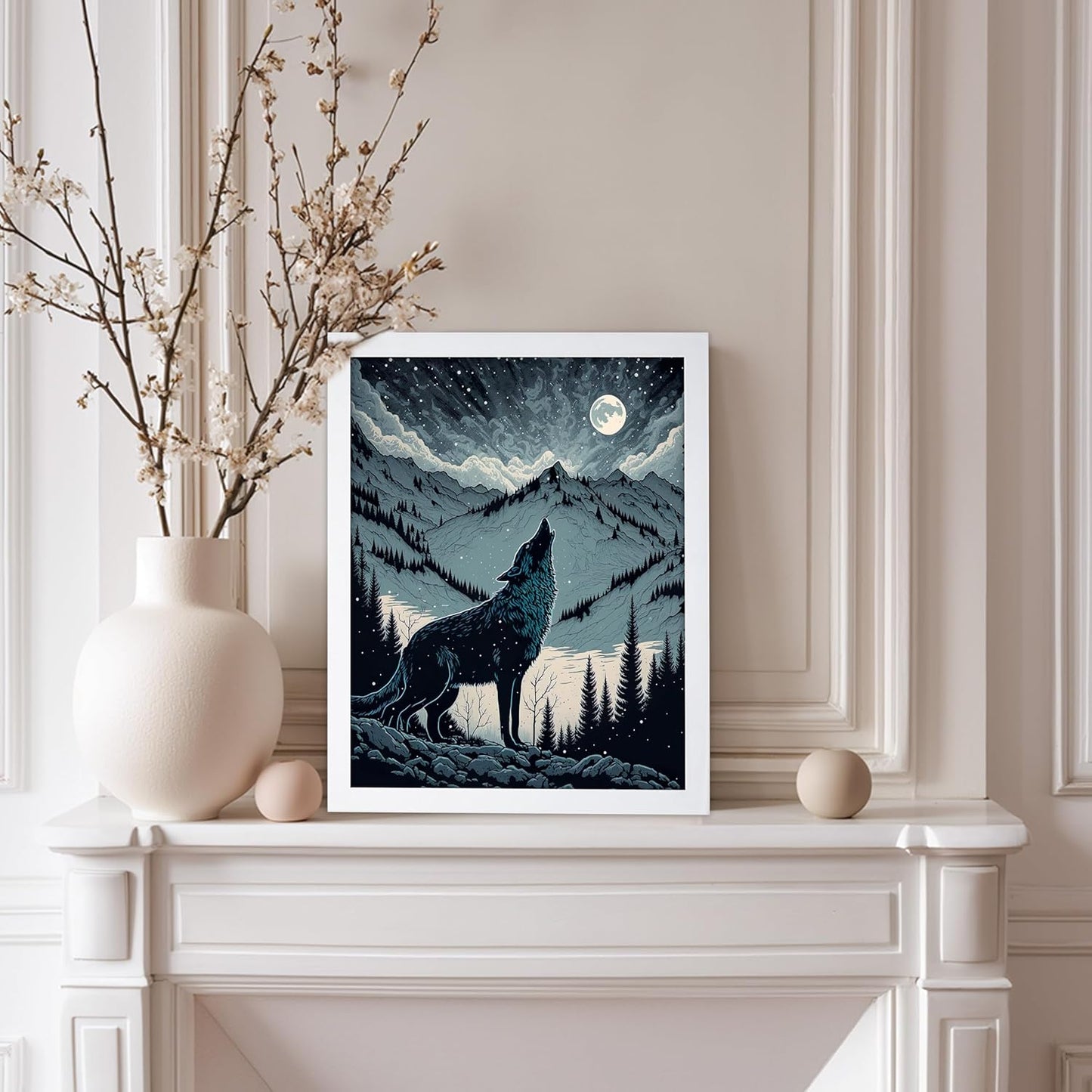 Poster Master Vintage Illustration Poster - Retro Animal Print - Gift for Artist, Friend - Wolf Howling at the Moon, Mountain, Snow, Landscape - Wall Decor for Home, Office, 8x10 White Framed