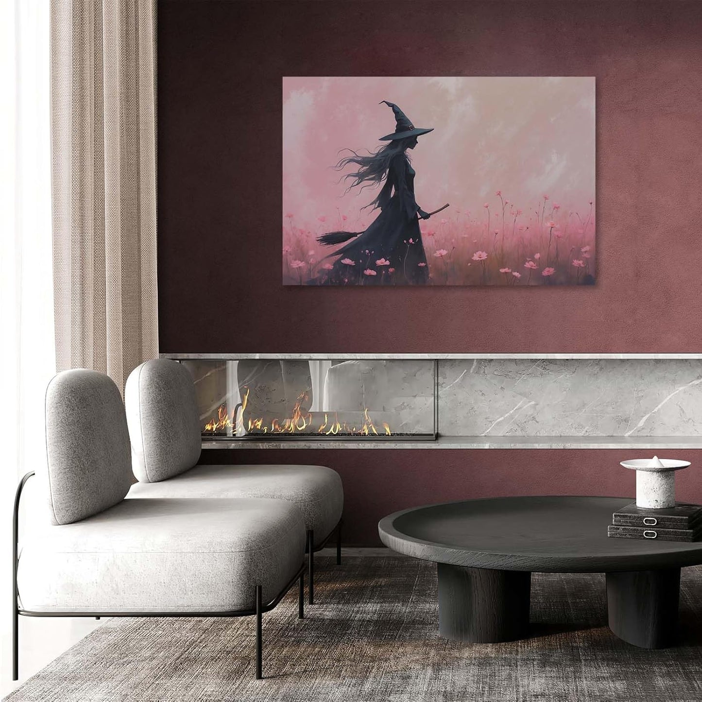 Witch in the pink sea of flowers Halloween prints weird flowers wall art silhouette painting fashionable romantic decoration suitable for bedroom16x24in Wood Framed