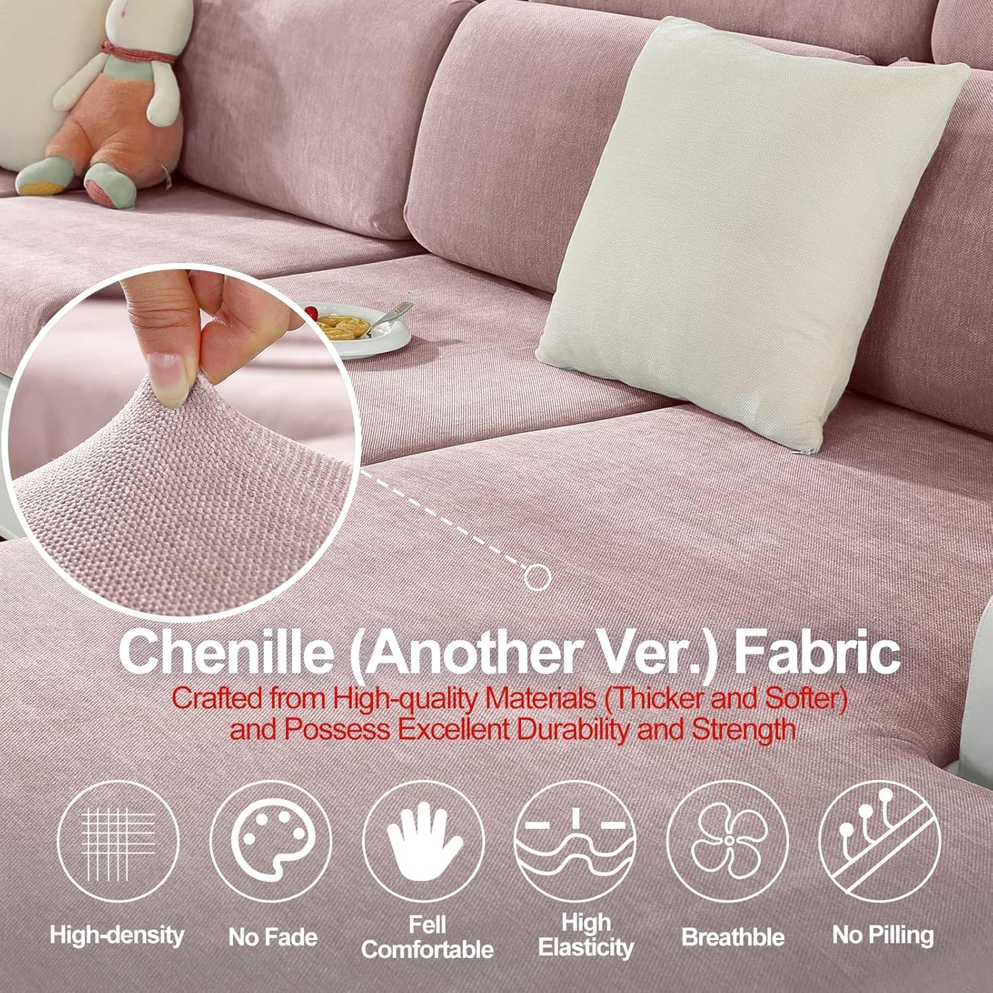 Sectional Couch Covers for L Shaped Sectional Sofa (Left or Right Facing) – Softer Chenille Sofa Covers Washable, Non-Slip Stretch Chaise Slipcover (Only 1PC Chaise Cushion Cover, Pale Pink)