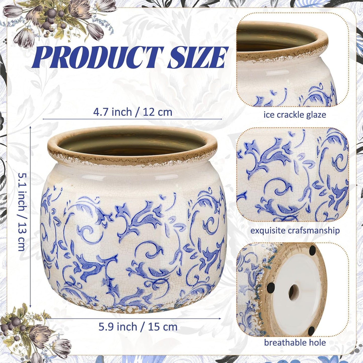 1 Pcs Vintage Planter Large Ceramic Plants Pot Blue Chinoiserie Crack Cottage Scroll Vase Flower Vase Pot Indoor Plants Home Kitchen Decor Farmhouse Antique Decorative Gift