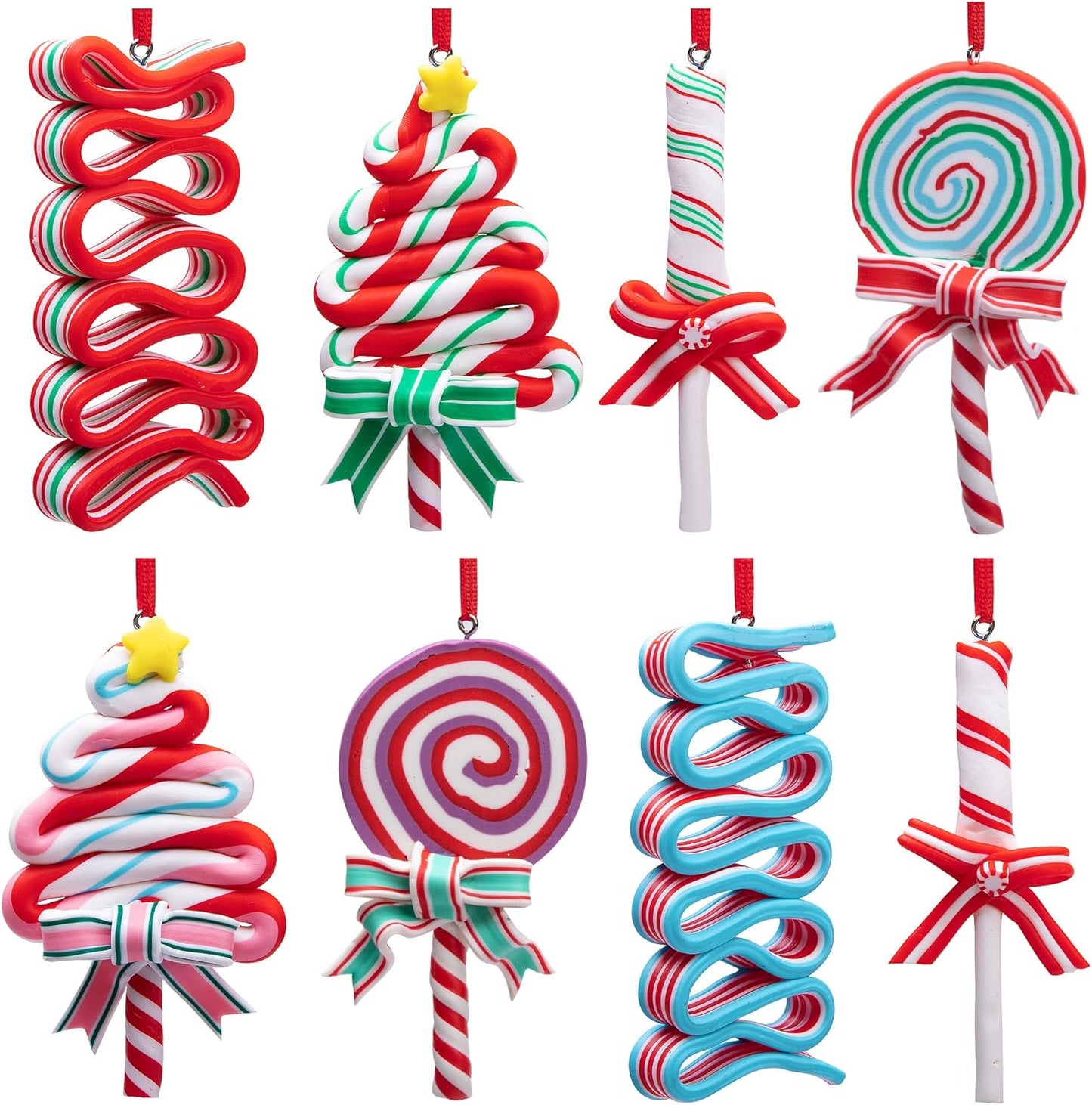 codree 8 PCS Christmas Lollipop Ornaments- Christmas Candies Polymer Clay Ornament- Xmas Decor Candy Cane Hanging Decorations for Xmas Tree Party Supplies