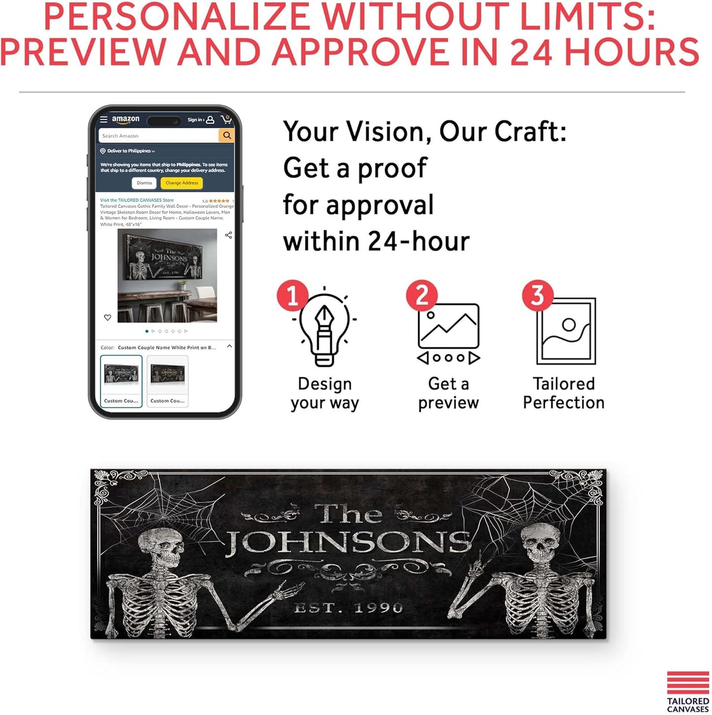 Tailored Canvases Gothic Family Wall Decor - Personalized Grunge Vintage Skeleton Room Decor for Home, Halloween Lovers, Men & Women for Bedroom, Living Room - Custom Couple Name, White Print, 48"x16"