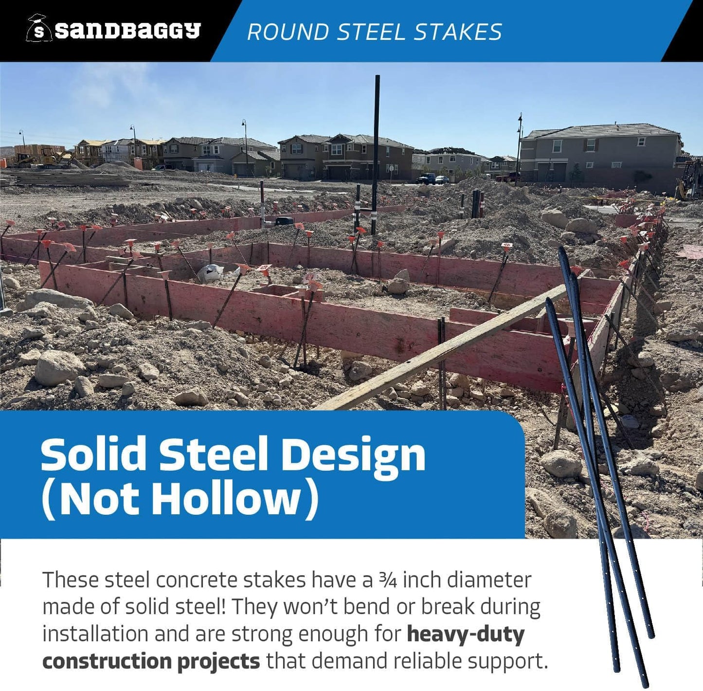 Sandbaggy Round Steel Concrete Form Stakes with Nail Holes - Rust Resistant Coating - Removable, Reusable (5, 3/4 in X 36 in)