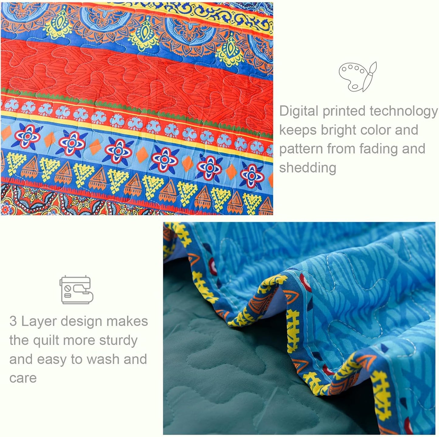 Exclusivo Mezcla Reversible Boho Quilt Set King Size, 3 Pieces Bohemian Blue All Season Bedspreads, Ultra Soft Floral Coverlet Bedding Set with Printed Pattern (1 Quilt, 2 Pillow Shams)