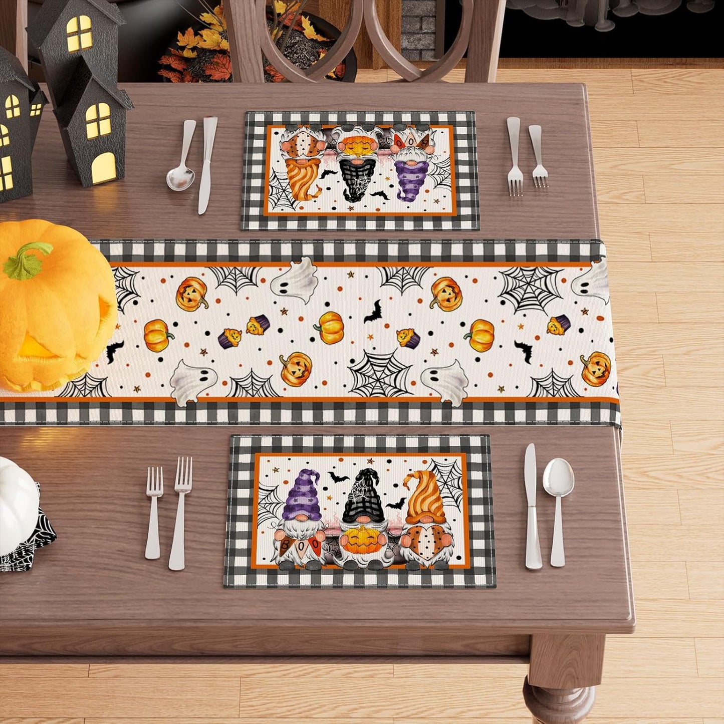 XCHI Spooky Boo Plaid Gnome Halloween Placemats Set of 6 Table Mats for Party Home Kitchen Dining Table Decorations 12x18 Inch