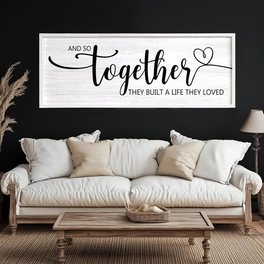 And So Together They Built A Life They Loved Decorative Rustic Sign & Plaque Framed Wall Art for Couples, 40''×15' Wooden Long Wall Decor Above Bed, Vintage Horizontal Farmhouse Wedding Gift