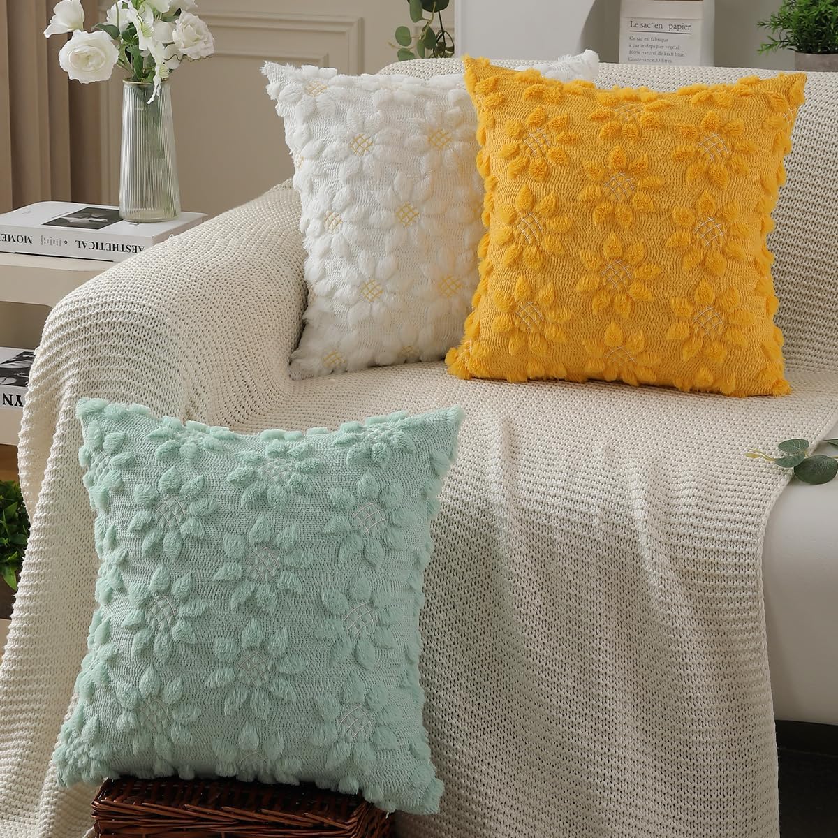 DFXSZ Spring Summer Pillow Covers 18x18 inch Set of 2 Farmhouse Decor Yellow Color Flower Heart Sunflower Soft Plush Faux Fur Jacquard Throw Pillows for Sofa Holiday Spring Home Decor PTK024C18