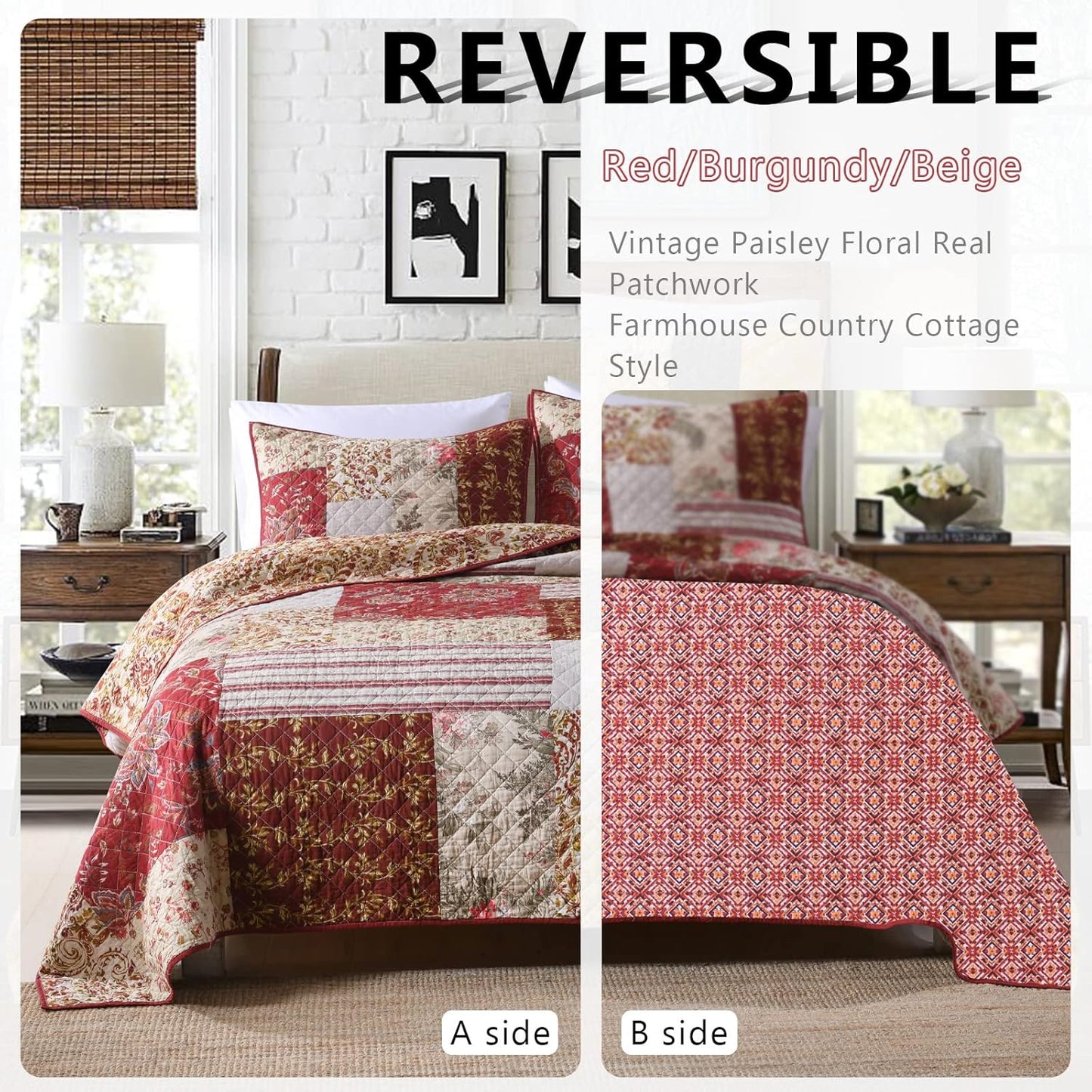 Yvooxny King Quilt Set Quilted Bedspread Country Farmhouse Cottage Vintage Ditsy Floral Paisley Style Reversible Lightweight Coverlet Set Real Patchwork Quilt for All Seasons, Antique Rose, King Size