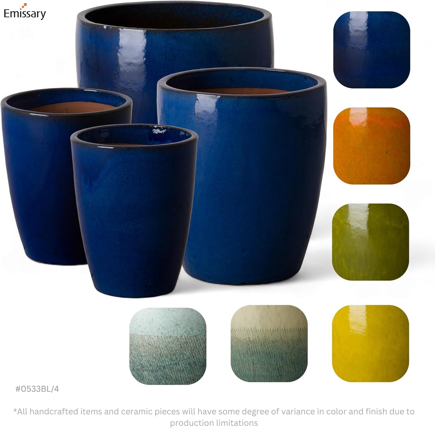 Emissary Home and Garden Bullet 12in., 14in., 15.5in., 21in. H Blue Ceramic Round Planters with Drainage Hole (Set of 4)