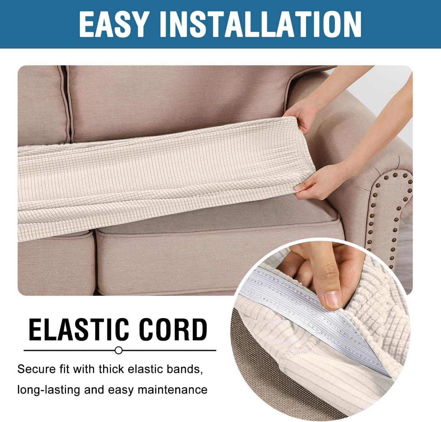 H.VERSAILTEX Super Stretch Individual Seat Cushion Cover Sofa Covers Couch Cushion Covers Slipcover Sets Thick Jacquard Textured Twill Fabric (3 Piece Sofa Cushion Covers, Ivory)