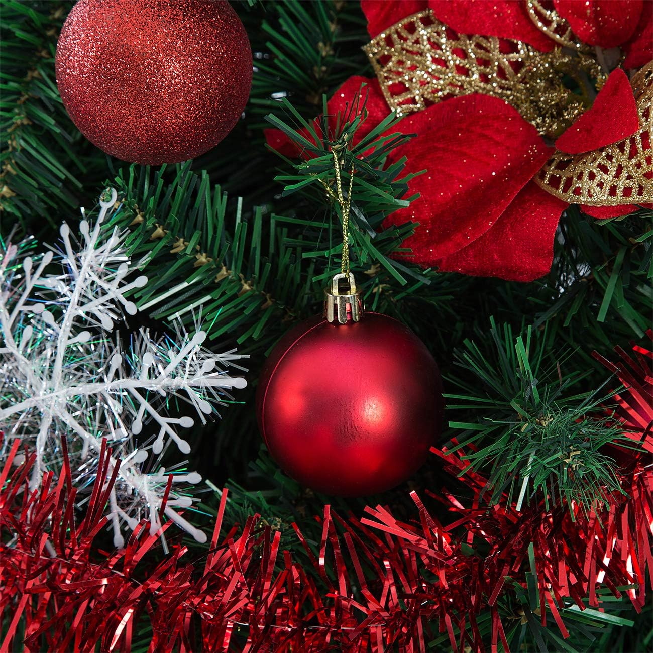 Sunnyglade 94 PCS Christmas Tree Ornaments Set with Glitter Poinsettia, Bows, Ribbons, Leaves & Assorted Decoration Ball for Xmas Tree Holiday Wedding Party Decorations (Red)