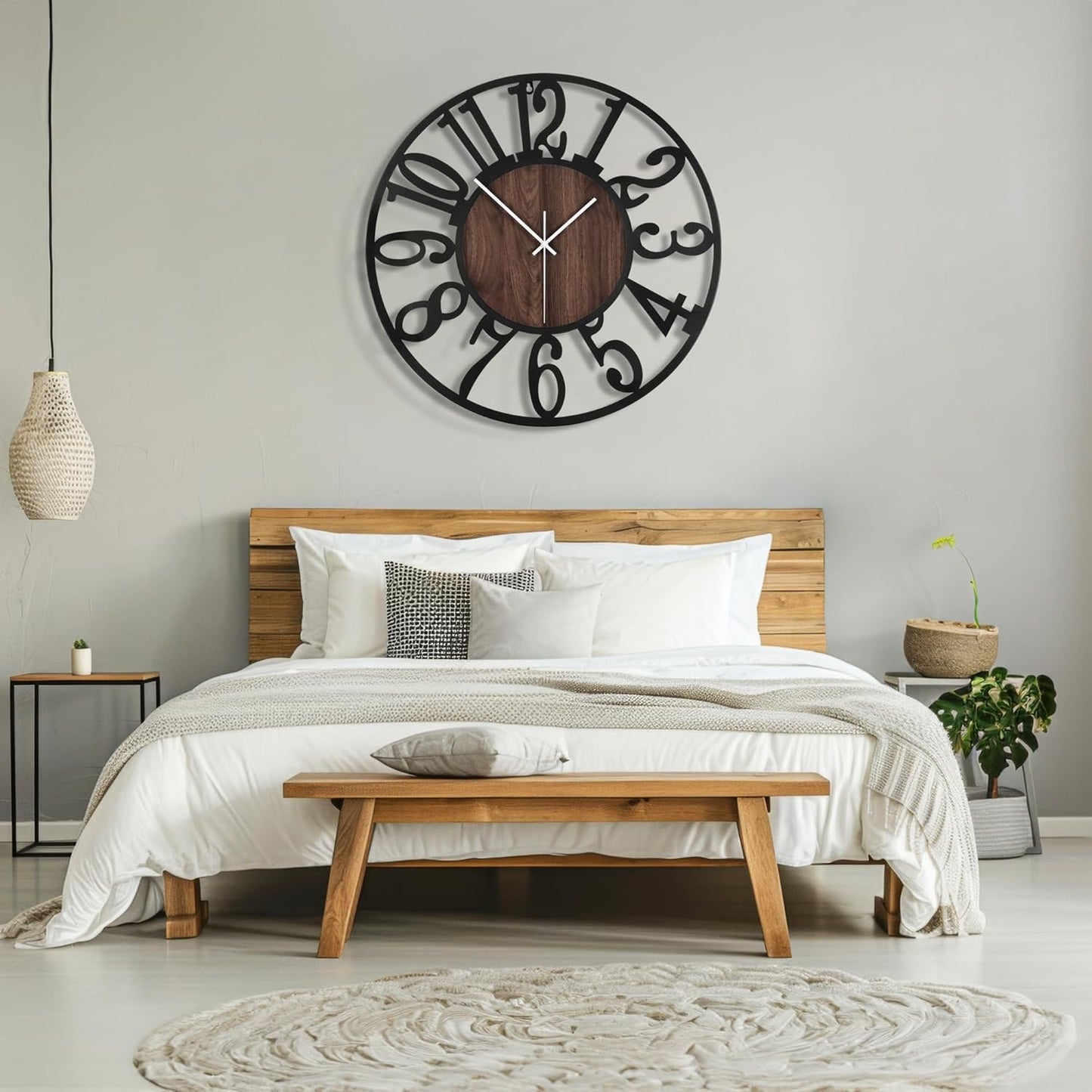 Maxstar Large Round Wall Clock for Living Room Decor Battery Operated Non Ticking Black Metal Wood Clocks for Home Living Room Garden Office Kitchen Decoration -40inch