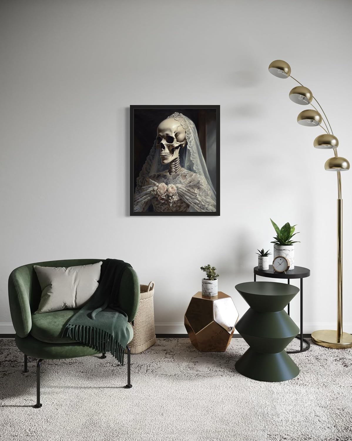 Skull Gown Poster Art Print, Halloween Scary Vintage Wall Art Academia Spooky Painting Decoration for Horror Prints, Gothic Posters Bedroom Decor 89 (Skull Gown, 16 x 20 inches, Black Frame)
