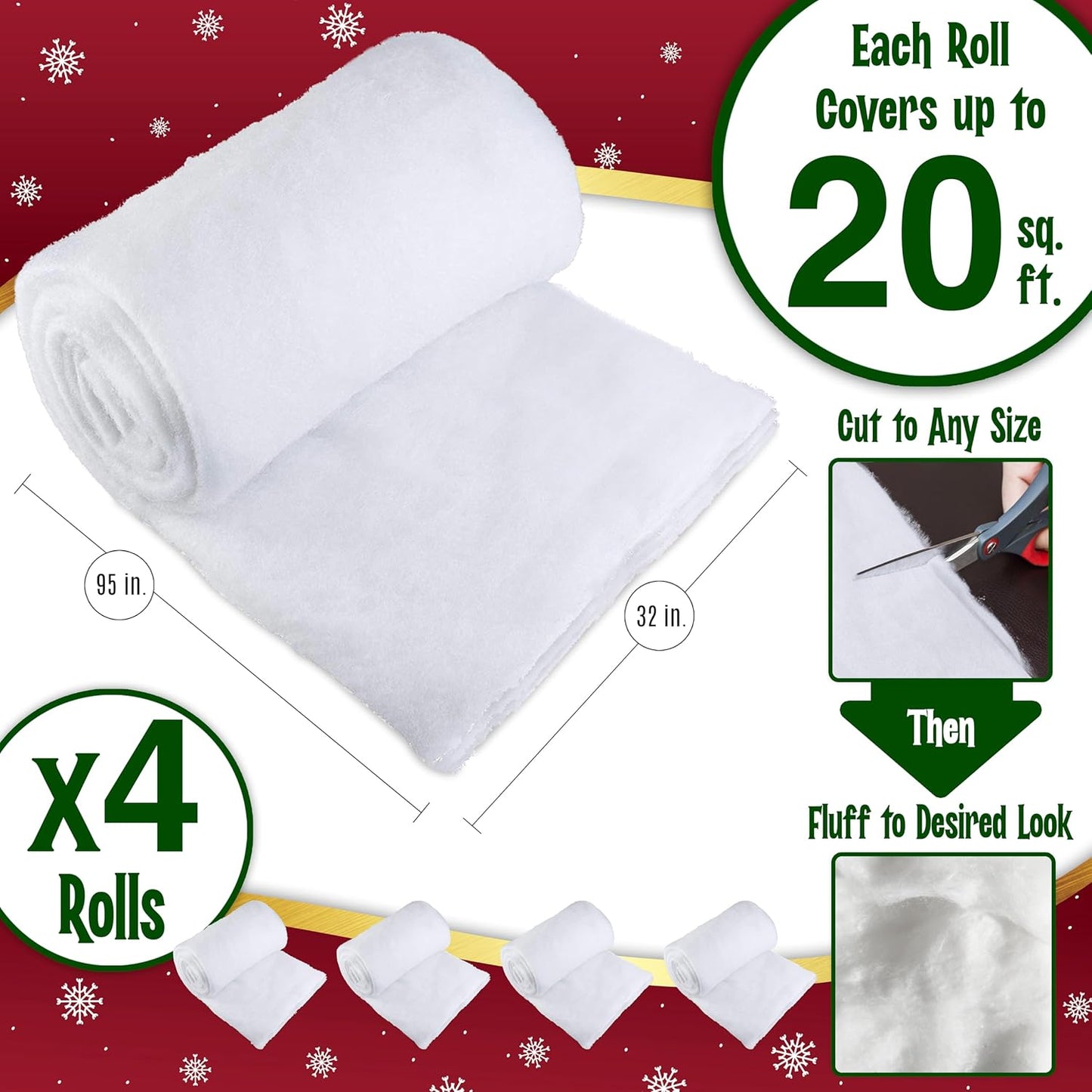 stargo 4 Pack Fake Snow Blanket Roll for Christmas Village Displays, Christmas Tree Deocration - Thick White Soft Fluffy Faux Snow Backdrop Artificial Snow Blanket Cover (Each Roll 2.6 x 7.8ft)
