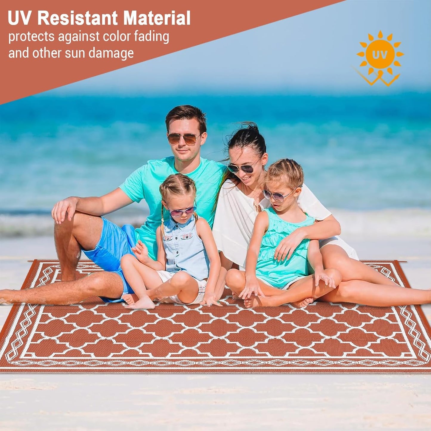 GAOMON Outdoor Rug 9'x12' Waterproof Rug for Patio Decor, Foldable Reversible Plastic Straw Area Rugs Mat for Camper, Outside Carpet for Deck, Porch, Picnic, Beach, Orange/White(Bohemia)