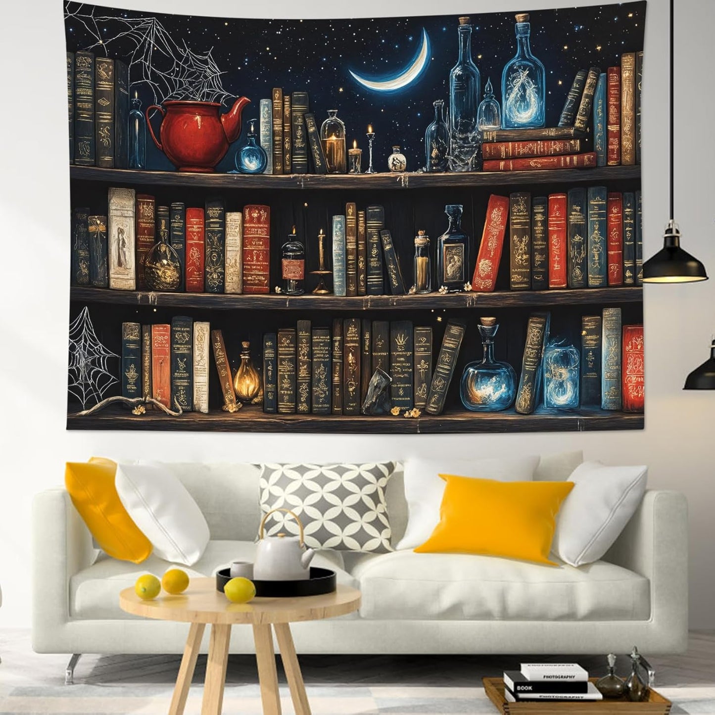 LB Gothic Bookshelf Tapestry, Horror Spider and Vintage Book Halloween Wall Tapestry for Bedroom Aesthetic, Galaxy Moon Wall Art for Living Room Dorm Home Decor Ready to Hanging, 60 x 40 Inches