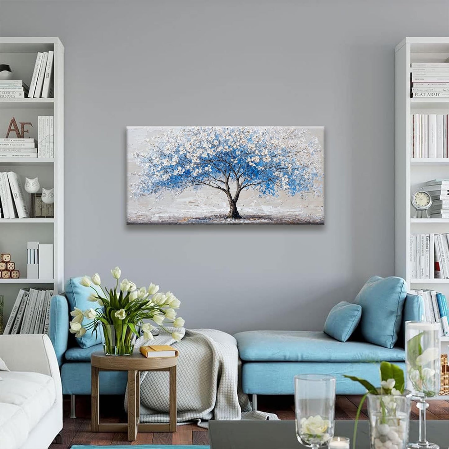 Suconvng Wall Art Blue Tree Of Life Canvas Art Wall Decor Painting Picture Modern Wall Art Prints Landscape Picture For Bedroom Bathroom Office Home Decor 20"×40" Ready To Hang