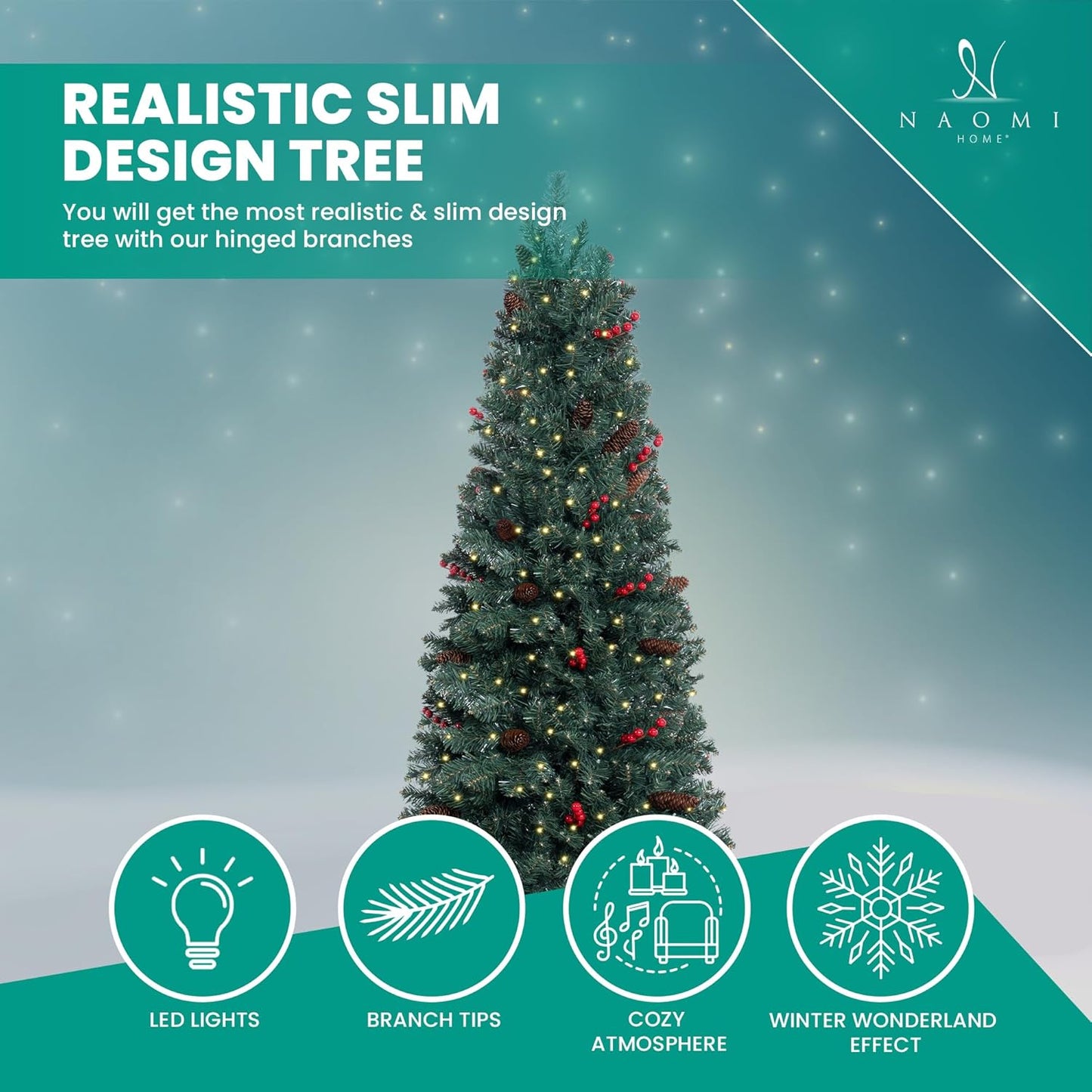 Naomi Home Belen 6.5ft Pencil Christmas Tree Prelit pre-Decorated with Pine Cones, Red Berries, 754 Branch Tips, 250 Warm Lights and Metal Stand, 30" Wide Skinny Christmas Tree with Lights
