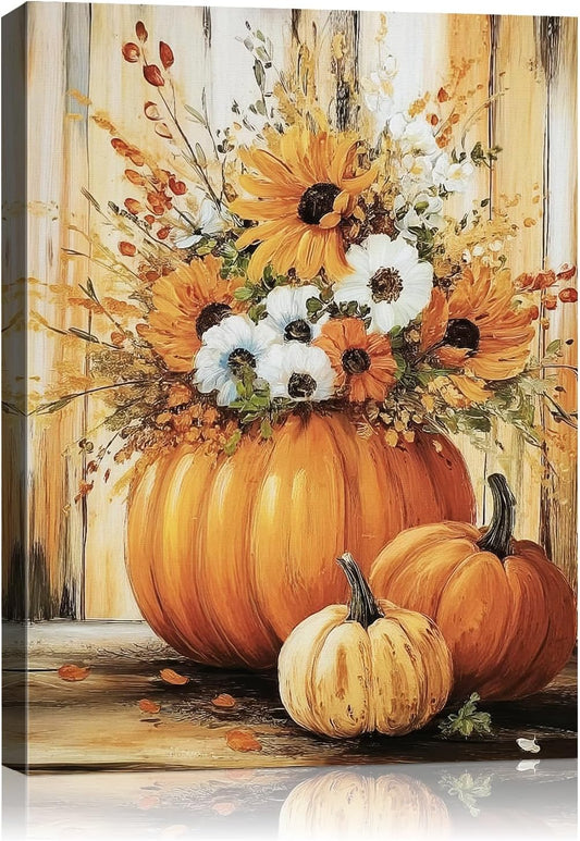 Rustic Autumn Fall Floral Pumpkin Wall Art Decor, Fall Floral Botanical Print for Thanksgiving Decorations, Autumn Wall Art Print for Farmhouse Living Room Bedroom Fall Decor, Ready to Hang