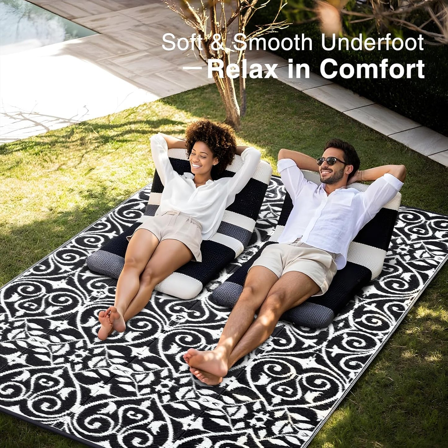 OLANLY Outdoor Rug Waterproof 6x9 ft Clearance, Reversible Outdoor Plastic Straw Rug with Floral Pattern, RV Mat for Patio, Camping, Balcony, Deck, Backyard, Black & White