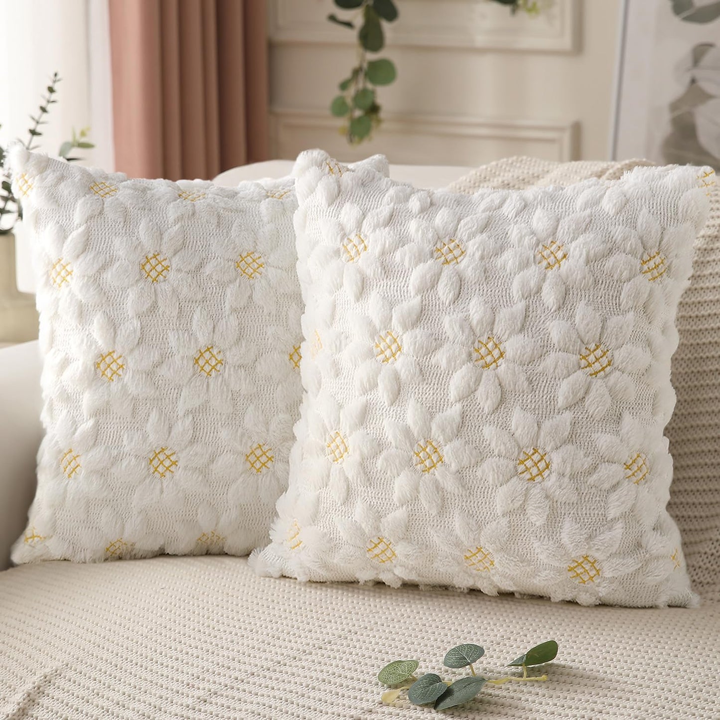 DFXSZ Spring Summer Pillow Covers 20x20 inch Set of 2 Farmhouse Decor Yellow Color Flower Heart Sunflower Soft Plush Faux Fur Jacquard Throw Pillows for Sofa Holiday Spring Home Decor PTK024C20