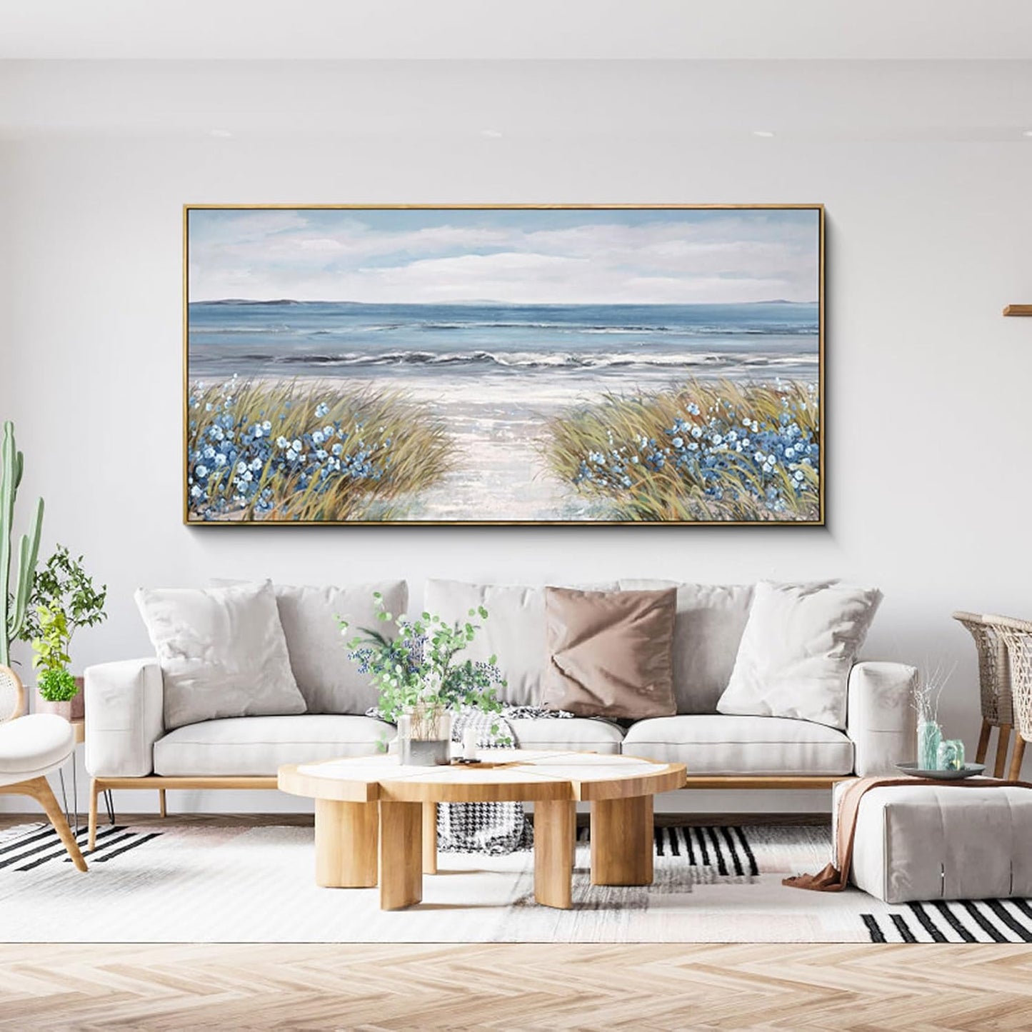 XLSJERST Large Framed Wall Art for Living Room Decor - Farmhouse Boho Beach Coastal Vintage Floral Ocean Wall Picture Flowers Sea Canvas Print Artwork for Home Bedroom Office 29x58