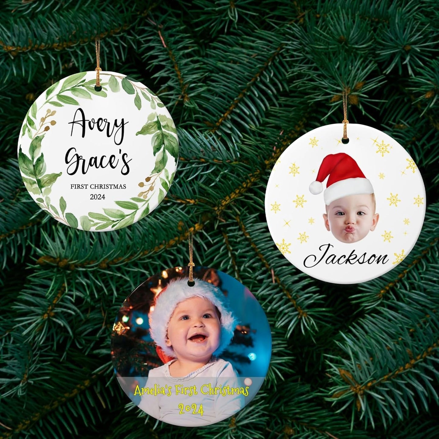 Personalized Baby Christmas Ornaments with Photo 2025 Custom Babys First Christmas Picture Name Ornaments,Double-Sided Ceramic Customized Xmas Ornaments for Christmas Tree