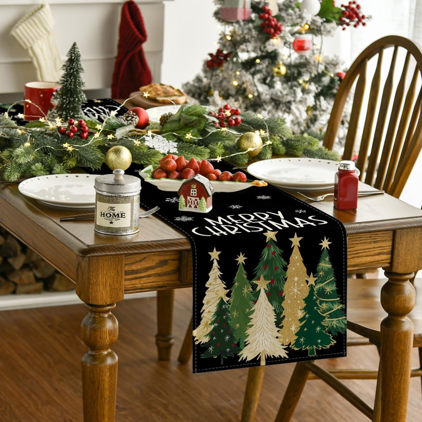 Artoid Mode Xmas Trees Snowflakes Black Merry Christmas Table Runner, Winter Seasonal Kitchen Dining Table Decoration for Home Party Decor 13x60 Inch