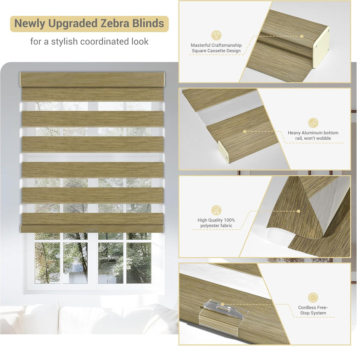 Cordless Zebra Blinds for Windows, Blackout Interior Blinds,Easy to Install,UV Protection,for Offices and Home,Custom Roller Shades, Mousse Light Bown,31" W x 48" H