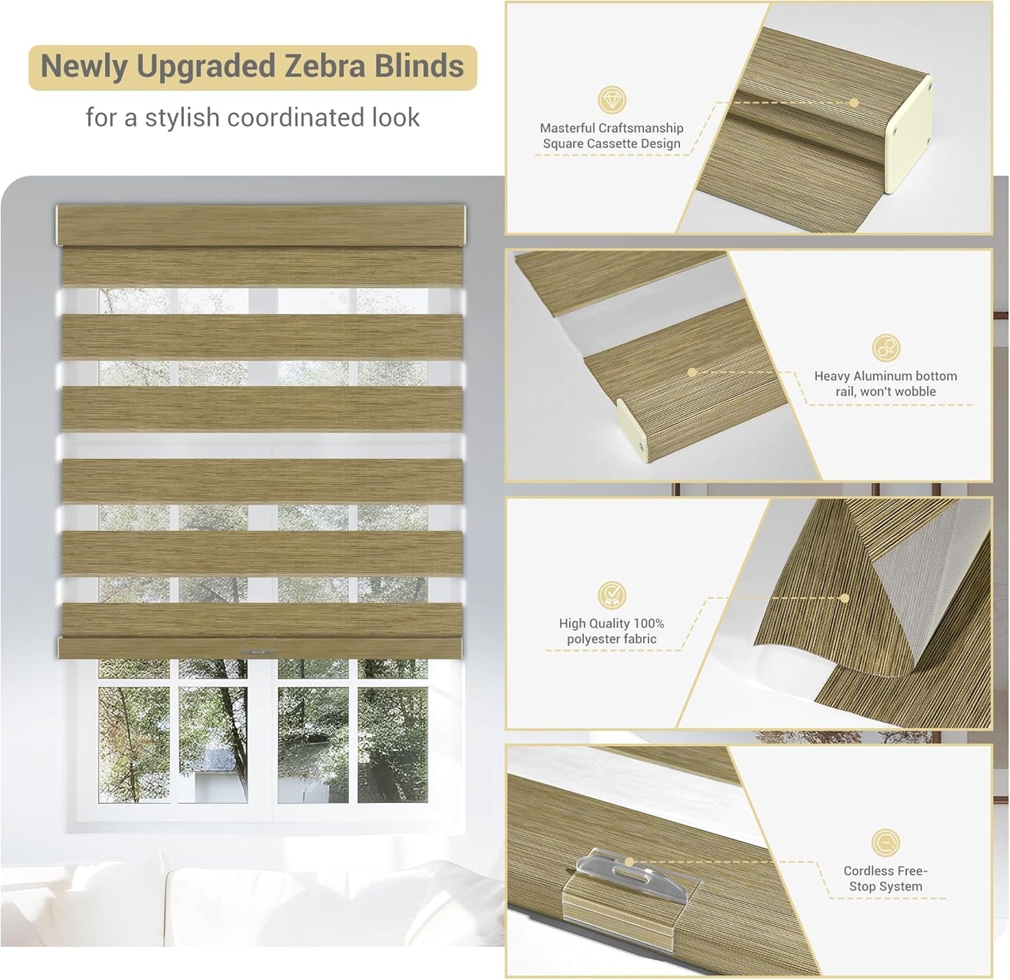 Cordless Zebra Blinds for Windows, Blackout Interior Blinds,Easy to Install,UV Protection,for Offices and Home,Custom Roller Shades, Mousse Light Bown,87" W x 64" H