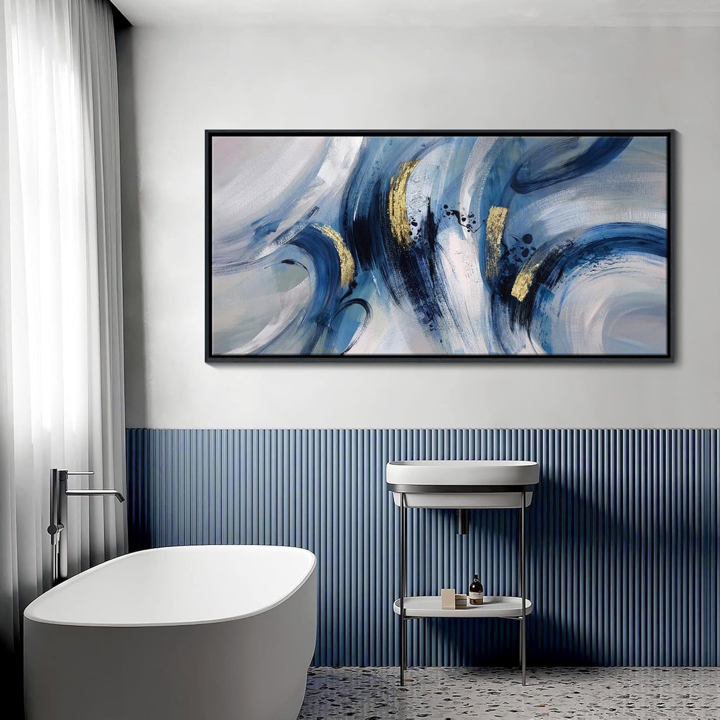 Extra Large Abstract Line Art Framed Canvas - Blue & Grey Modern Wall Decor 30x60 Inches, Minimalist Living Room Art, Oversized Office Painting, Ready to Hang