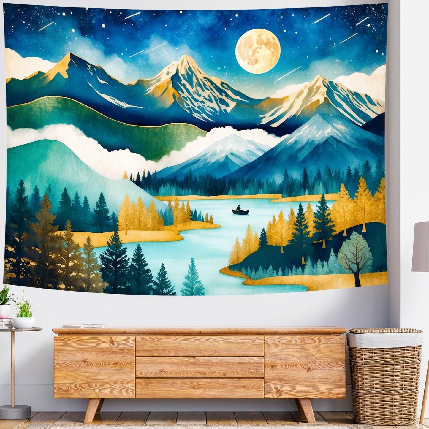 Delur Mountain Tapestry Boho Moon Stars Starry Night Tapestry Wall Hanging Forest Tree Nature Landscape Psychedelic Headboard for Bedroom Living Room Home Decor (59.1" x 78.7")