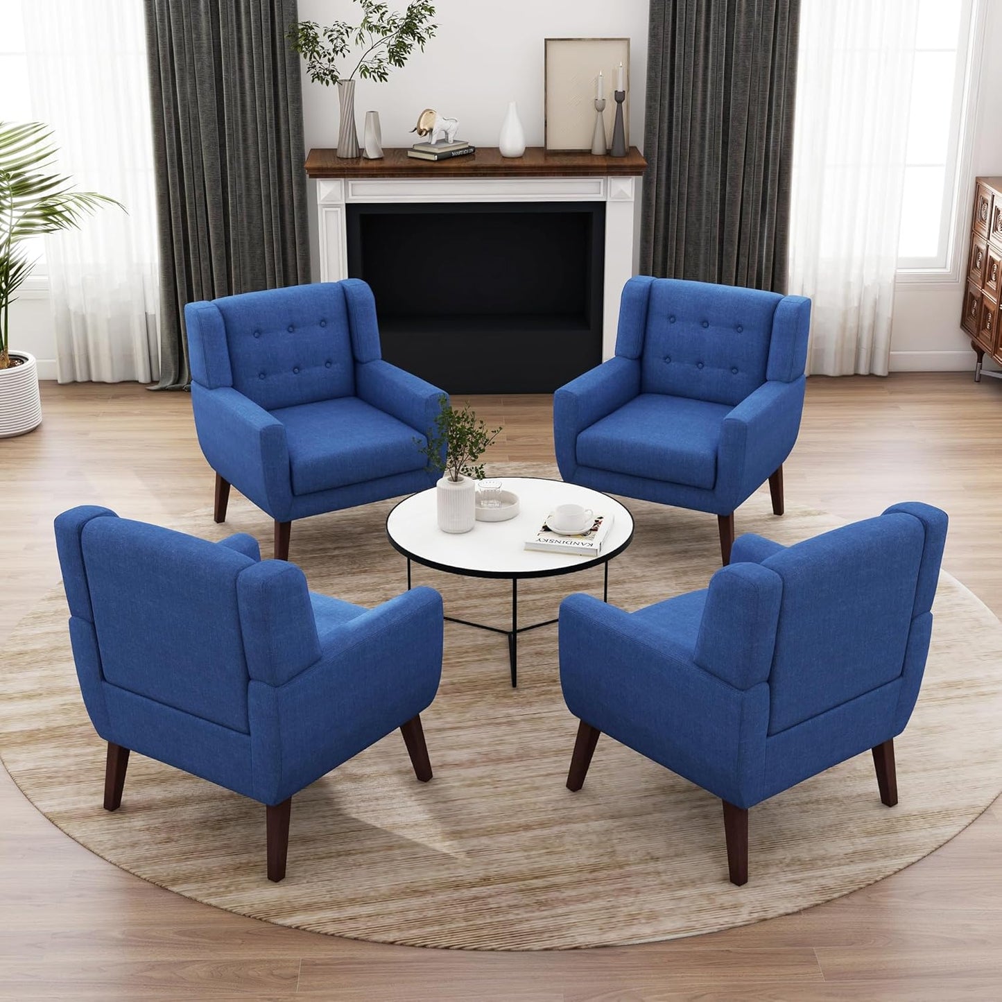 UIXE Accent Chair, Modern Upholstered Armchair in Fabric for Living Room, Comfy Club Arm Chairs Single Sofa Button Tufted Bedroom Reading Seat - Blue, Set of 4