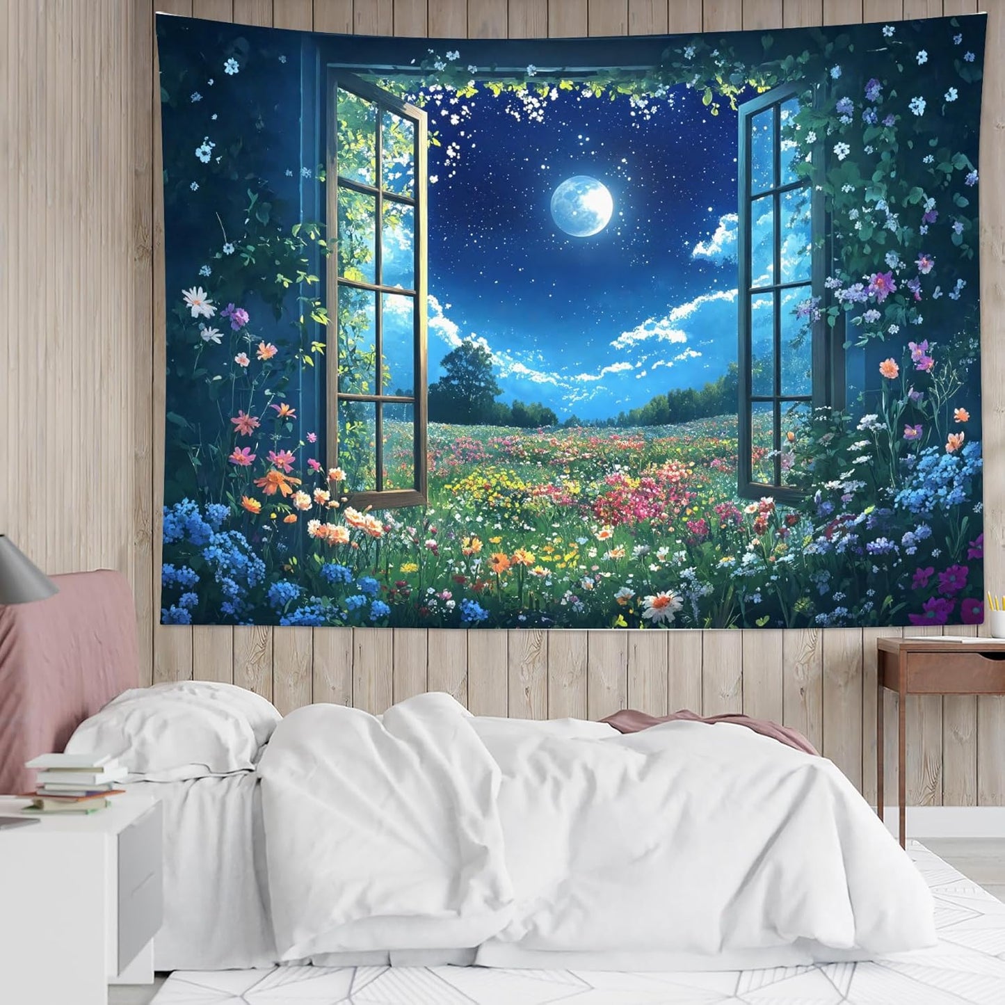 LB Wildflower Moon Tapestry, Window Forest Plant Green Leaf and Garden Colorful Floral Wall Tapestry for Bedroom, Night Sky Wall Art for Living Room Dorm Home Decor Ready to Hanging, 48 x 36 Inches