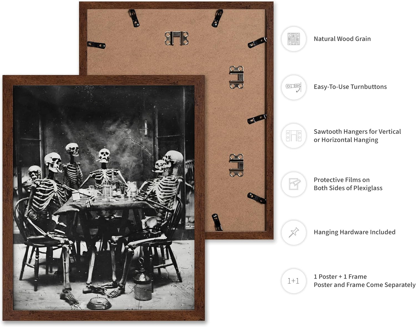 Poster Master Vintage Photograph Poster - Retro Daguerreotype Print - Gift for Artist, Friend - Skeletons Smoking at Table, Dinner Party, Goth - Wall Decor for Home, Dorm, 16x20 Brown Framed