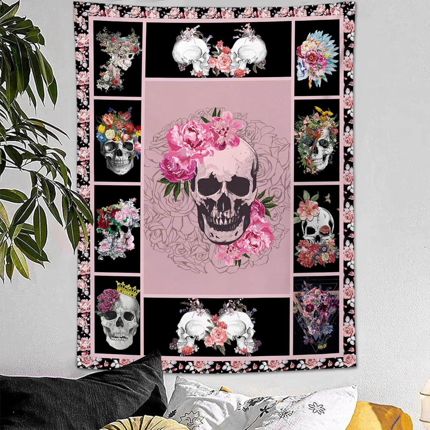 yowecso Sugar Skull Tapestry Horror Skeleton Tapestry Wall Hanging for Bedroom Rose Skull Tapestries Aesthetic Wall Decor for Home Dorm Living Room 50"x60"