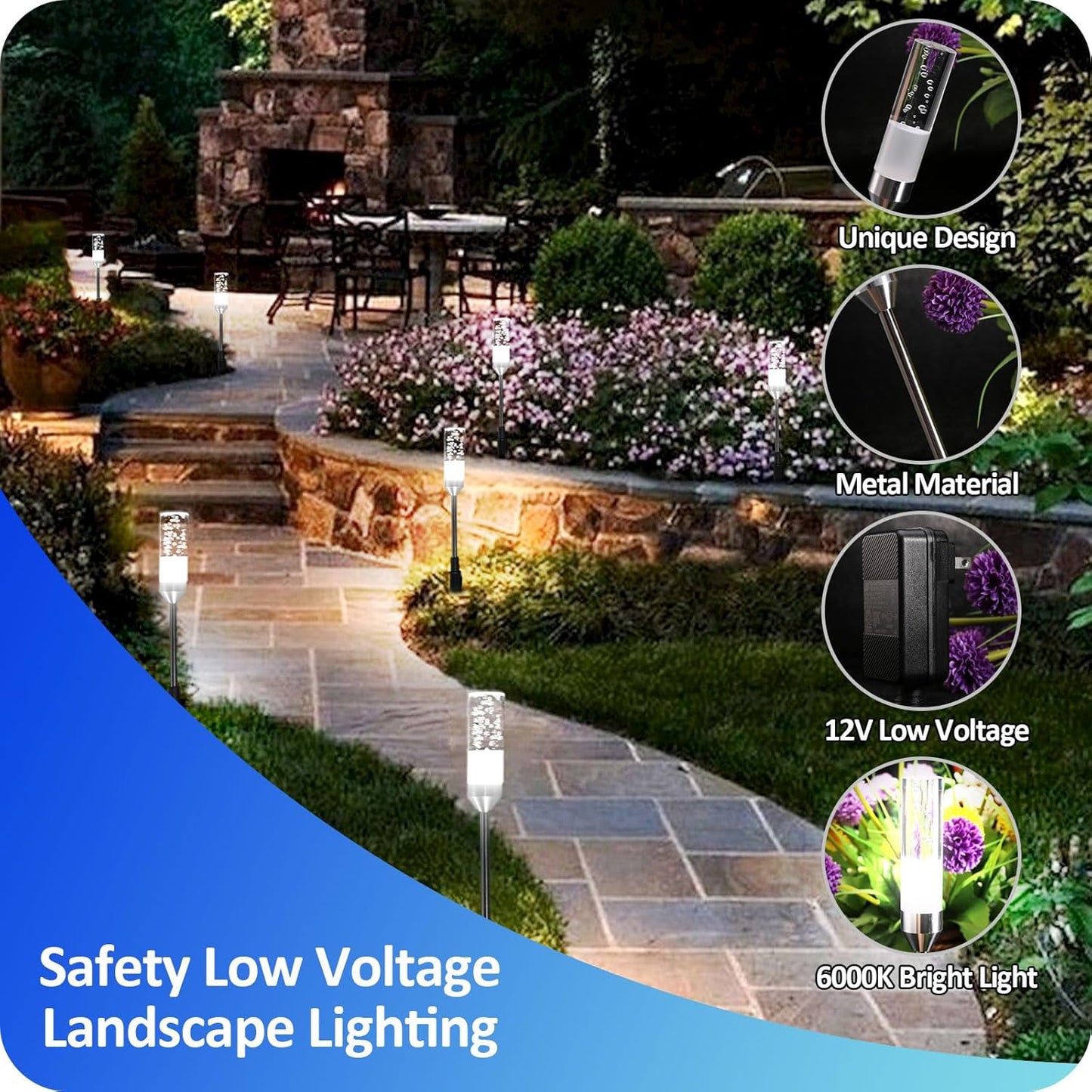 Pathway Lights Outdoor,12V Low Voltage Landscape Lighting, 6 Pack 570 Lumen Bright LED Path Lights, IP65 Waterproof Extendable Garden Lights for Yard Walkway Patio Lawn, 6000K