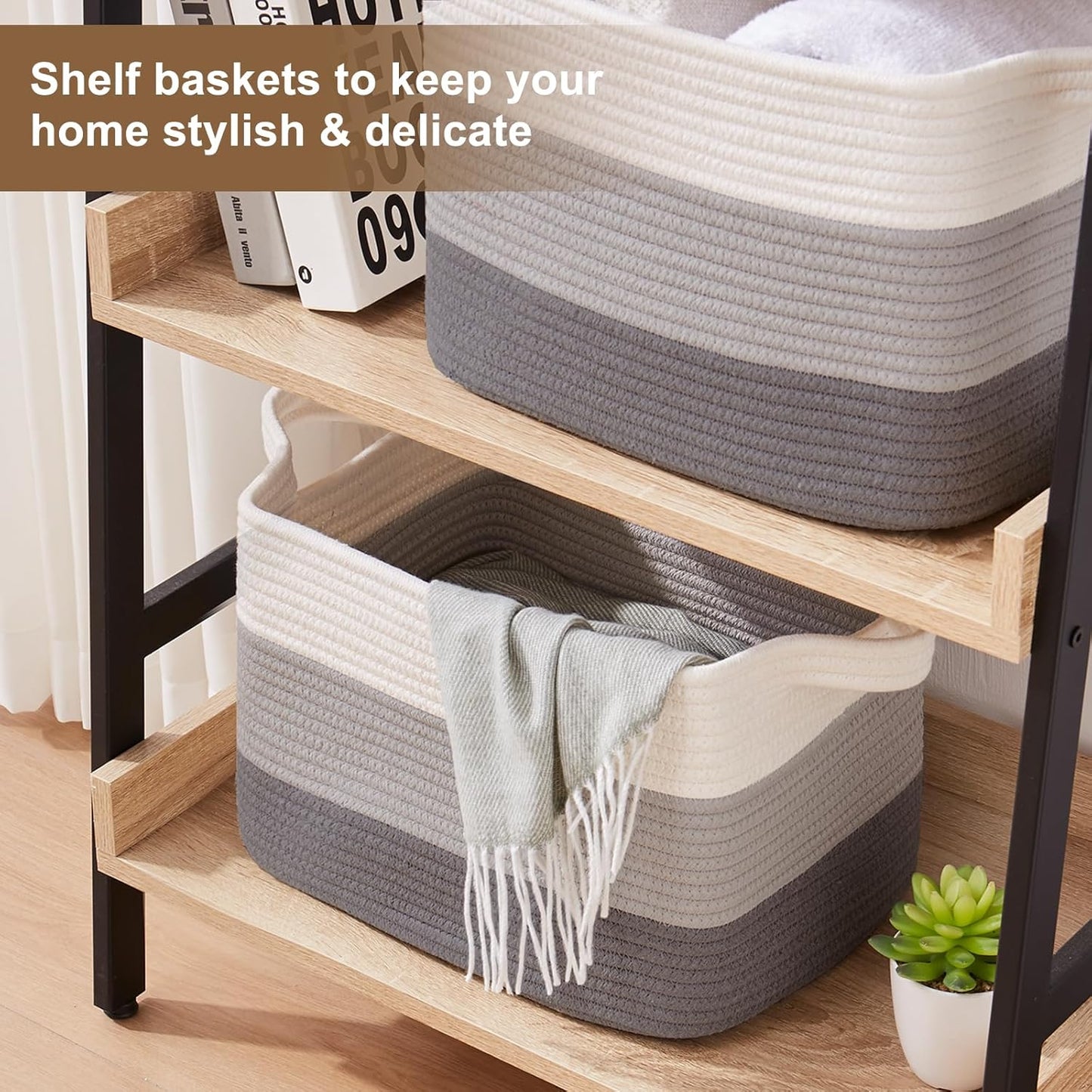 Storage Basket for Organizing, Woven Baskets for Storage, Rectangle Decorative Baskets for Shleves, Closet, Toys, Books, Nursery Organizer Bins - Pack of 3 (Gradient Gray)