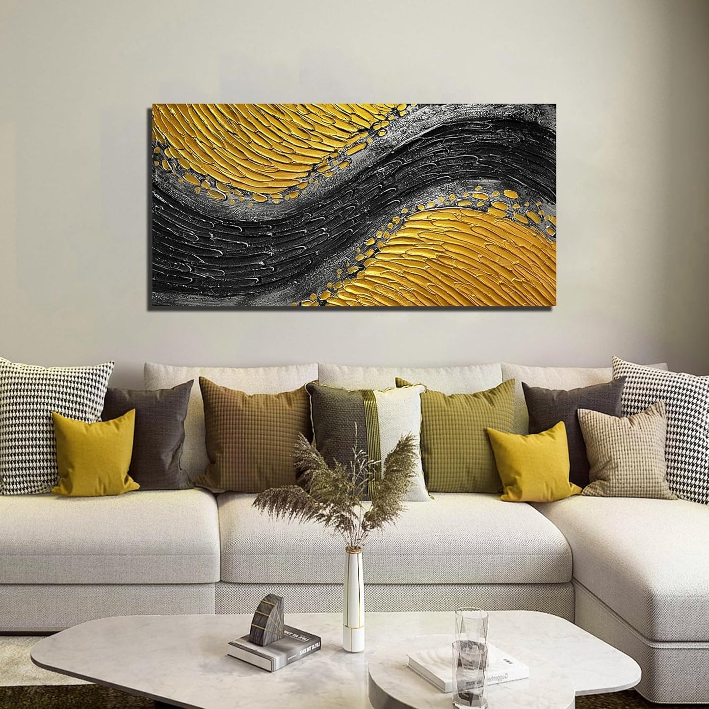 Abstract Hand Painted Wall Art for Office Black and Gold Canvas Wall Art for Bedroom Modern Wall Decor for Living Room Size 24 x 47 Inch