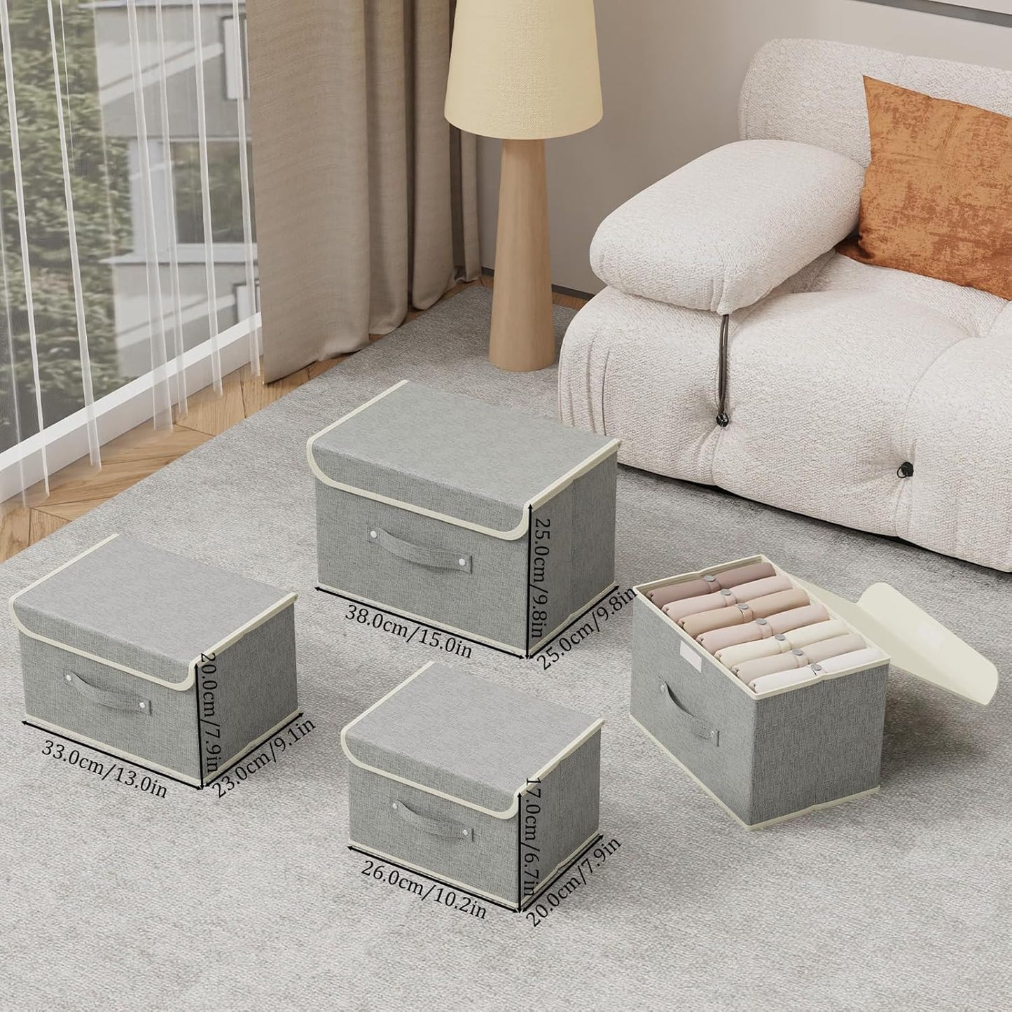 Storage Boxes, Collapsible Storage Bins with Lids, Cotton and linen cloth Storage Baskets with Handle, for Books, Closet, Bedroom, Home, 15x9.8x9.8 in, Grey