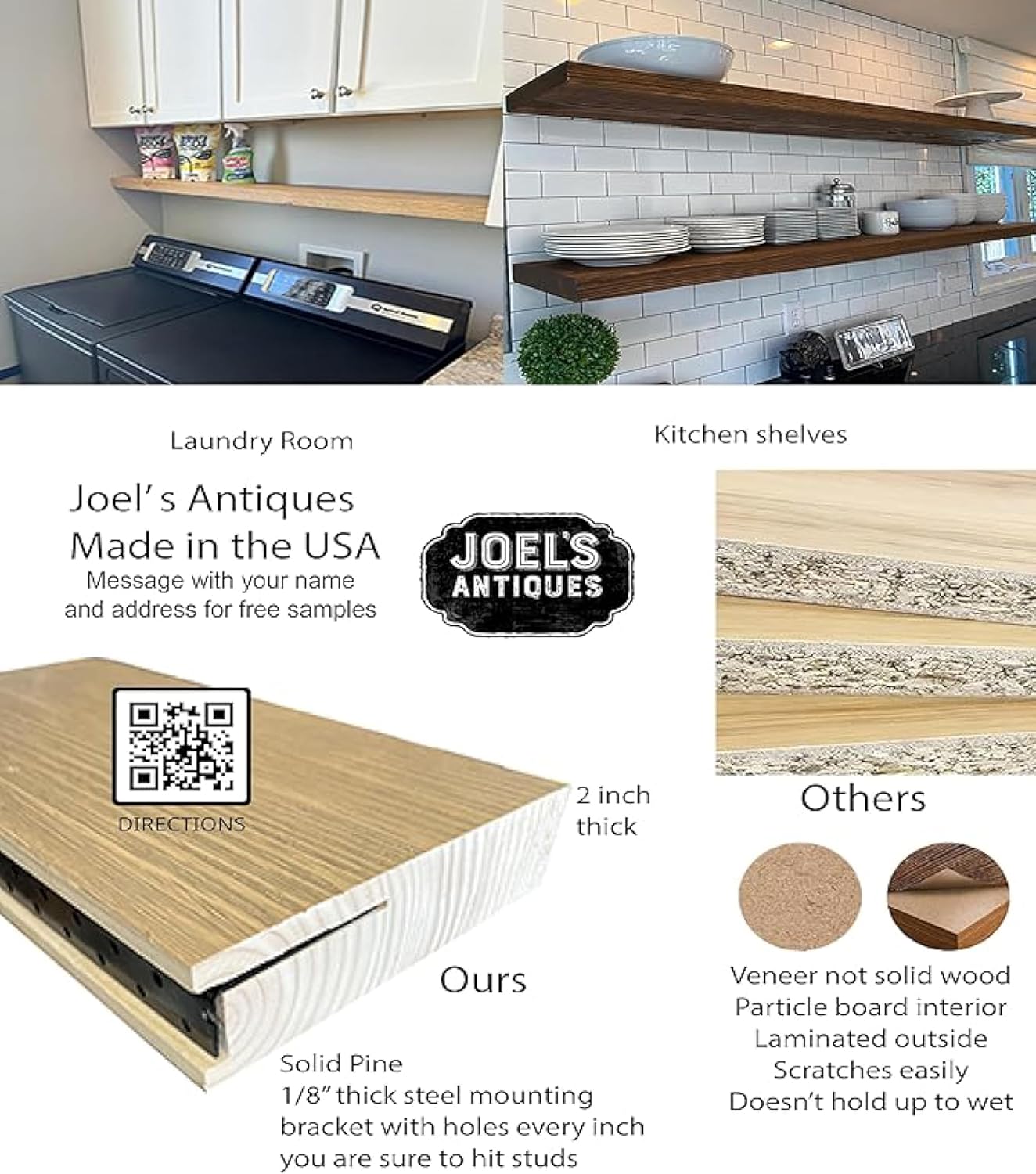 Joel's Antiques 42 Inch Floating Shelves for Wall - 42x6x2 in - Unfinished Wood Shelf Design, Wooden Wall Shelves for Bedroom, Bathroom, Kitchen and Living Room - Display and Store Your Décor at Home