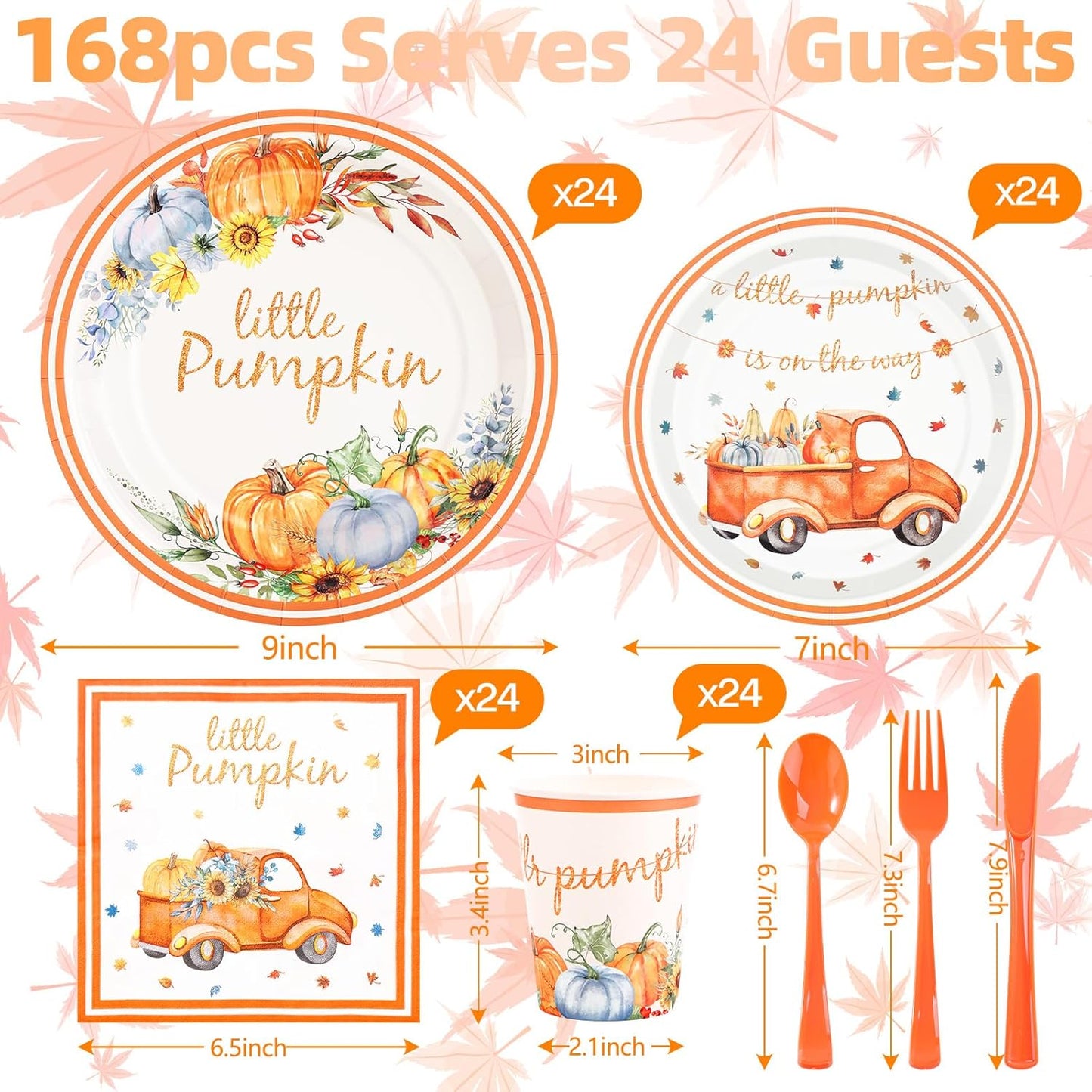 168 Pcs Little Pumpkin Plates and Napkins, Fall Baby Shower Plates and Napkins Sets Serves 24, Little Pumpkin Baby Shower Decorations Boy, Orange Blue Autumn Farm Thanksgiving