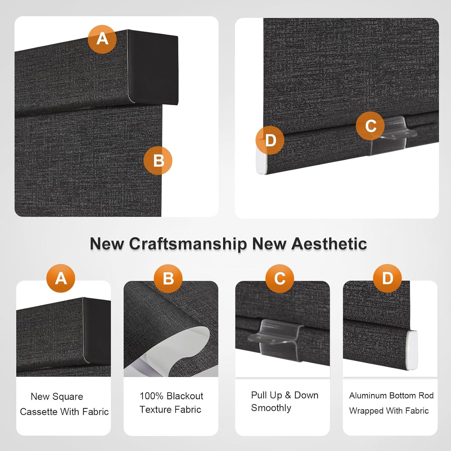 Persilux Free-Stop Cordless Blinds for Indoor Windows with Cover, Window Shades Blackout Roller Blinds, Thermal Insulated Fabric UV Protection for Kitchen, Office, Living Room, Black(54.5" W x 48" H)