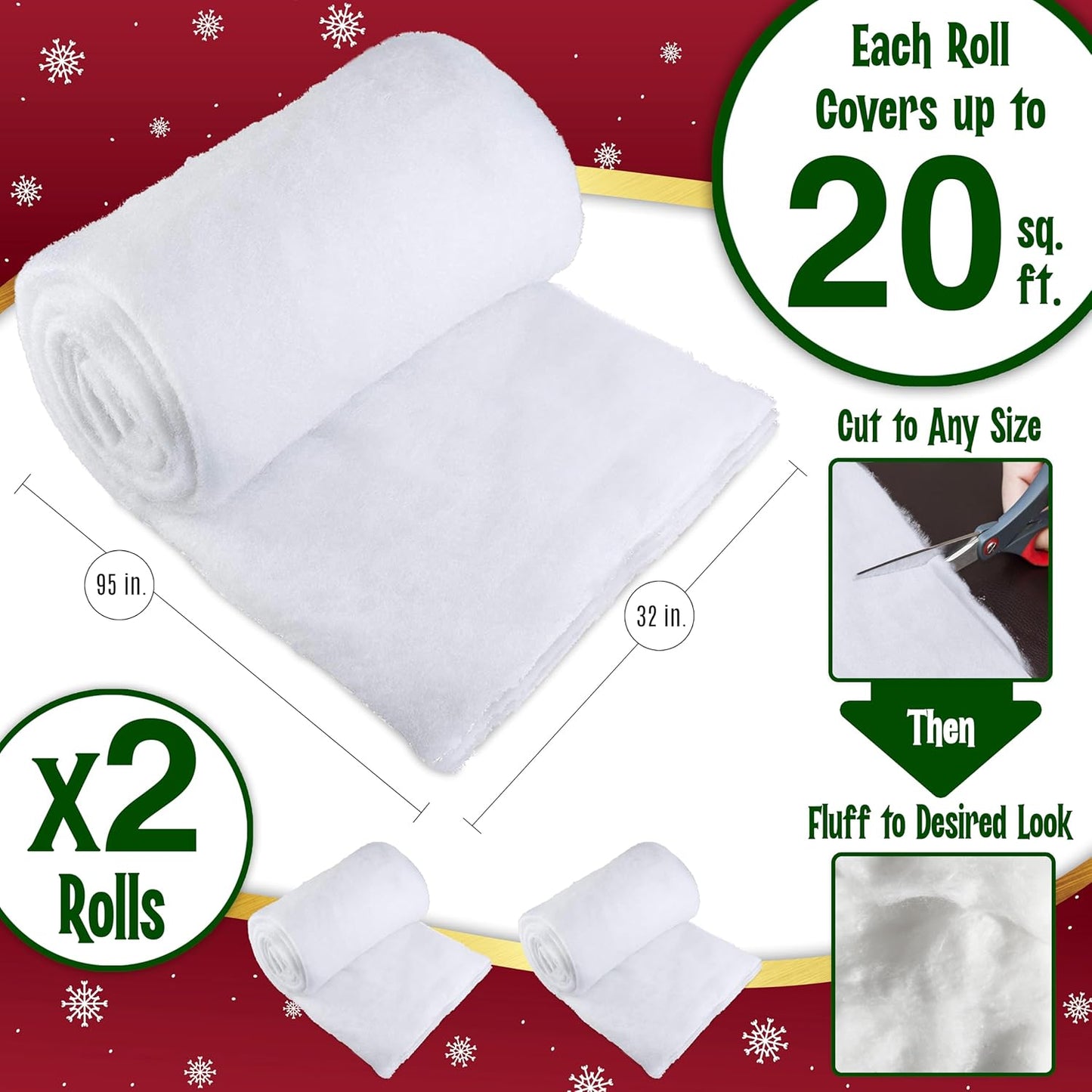 stargo 2 Pack Fake Snow Blanket Roll for Christmas Village Displays, Christmas Tree Deocration - Thick White Soft Fluffy Faux Snow Backdrop Artificial Snow Blanket Cover (Each Roll 2.6 x 7.8ft)