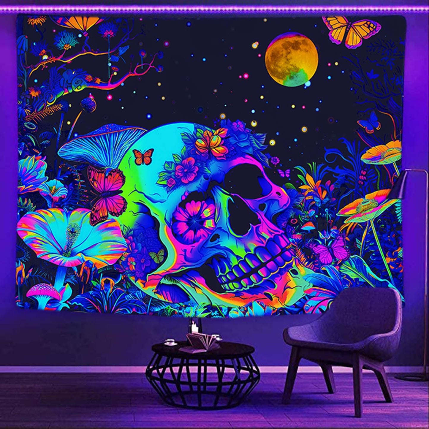Xiaoput Blacklight Skull Skeleton Tapestry for Bedroom, Floral UV Mushroom Plants Reactive Tapestry, Glow in the Dark Black Light Poster, 90x70IN